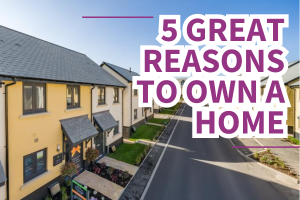 Image of new build homes, with people walking down the road in front of the houses