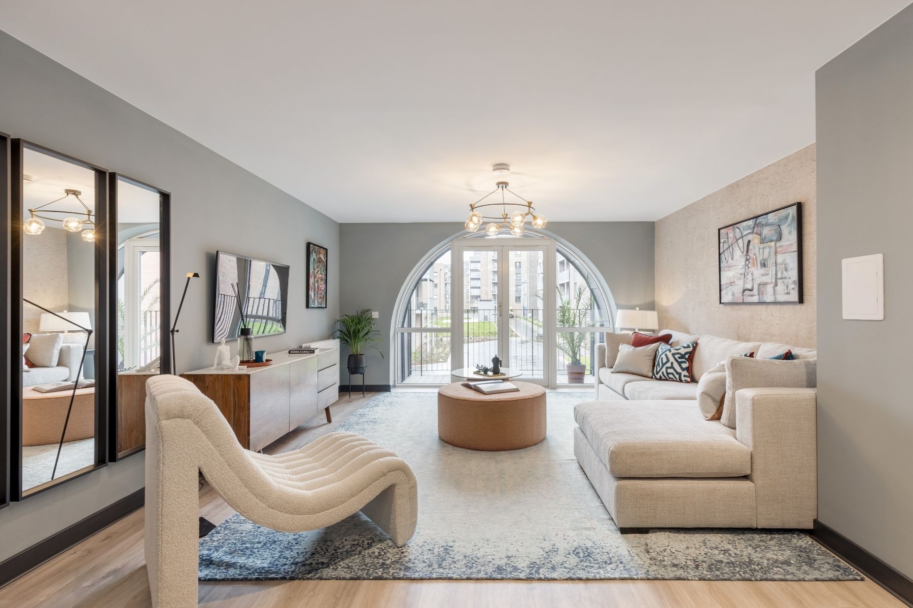 Lounge of apartment at Tram Sheds at The Engine Yard in Edinburgh Scotland