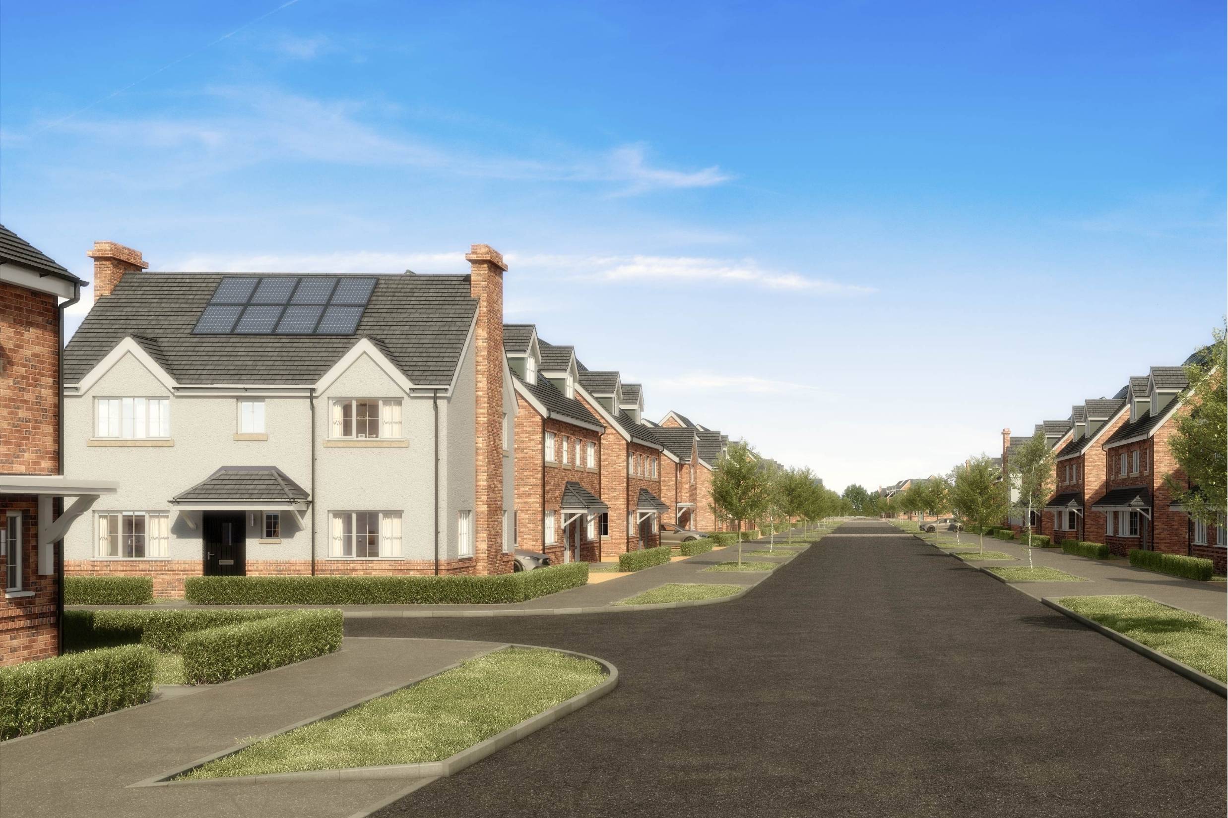 Street scene of The Woodlands at Halsnead Garden Village in Whiston