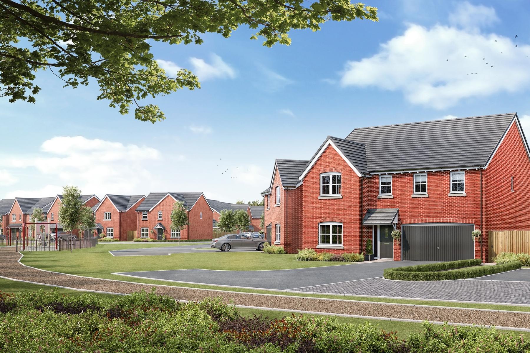 Street scene with detached red brick new build houses at Hallow Rise in Nottingham by Charles Church