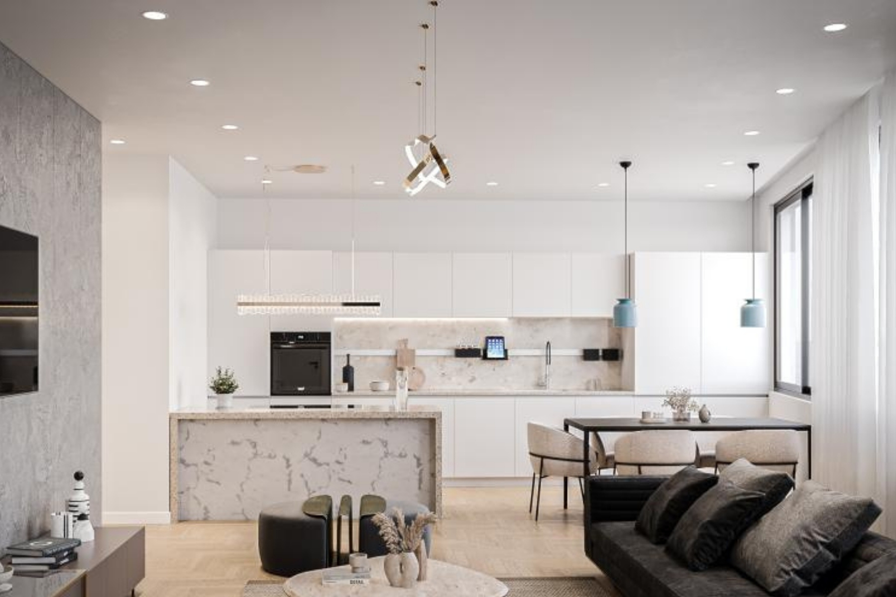 Internal CGI of open plan kitchen diner of apartments at M3 Manchester Investment Flats