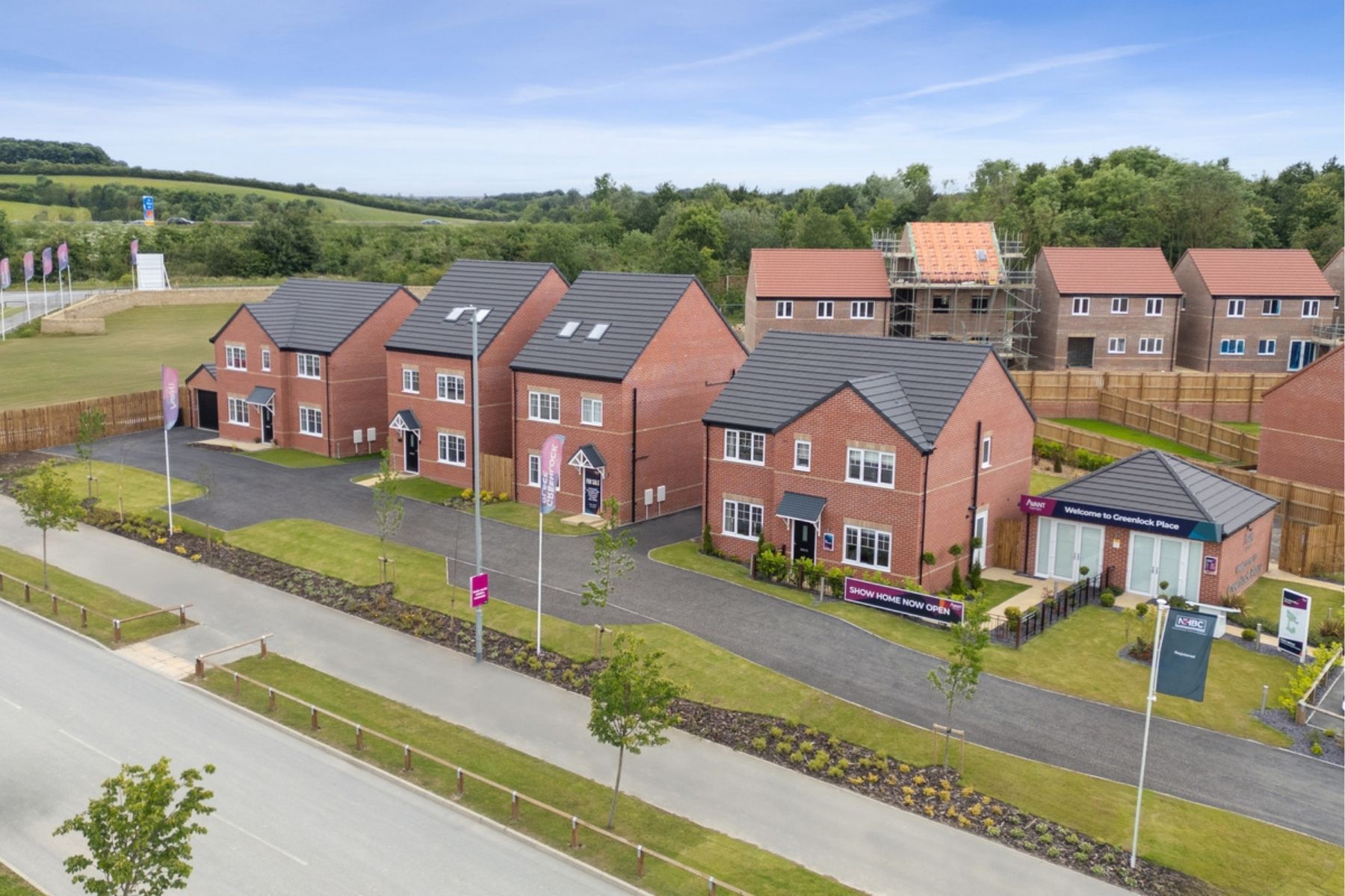 Birds Eye view of detached new homes at Greenlock Place in Leeds
