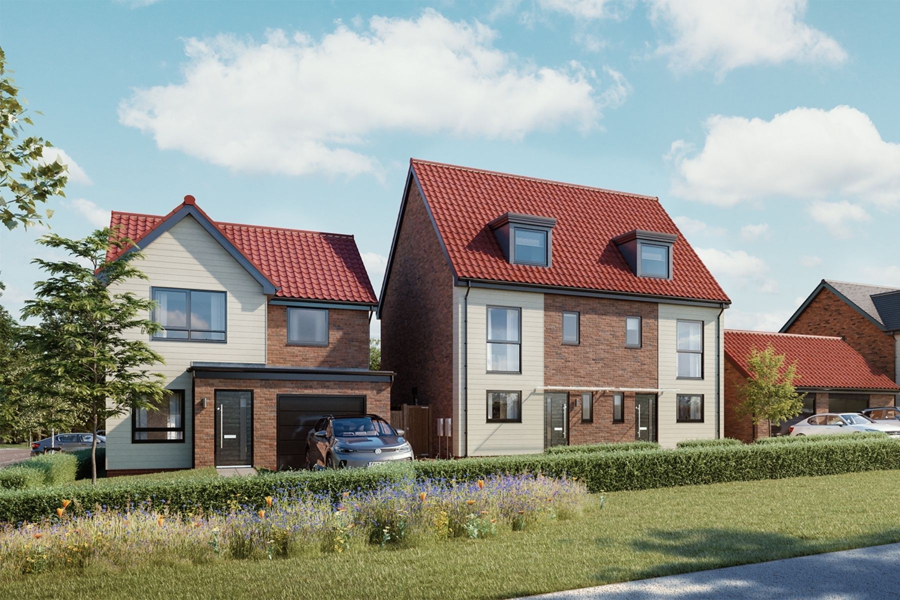 Street scene with red brick and white cladded semi detached houses at The Green at DH1
